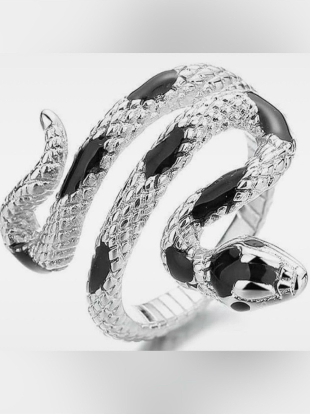 Silver Snake Coil Reptile Ornament Ring - Silver/Black. Adjustable.